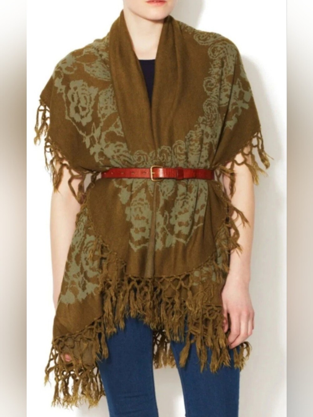 Raj Olive Green Floral Fringe Cape with Red Belt